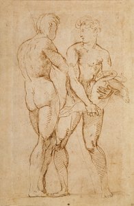 Two Nude Men Standing, One Holding a Lamb